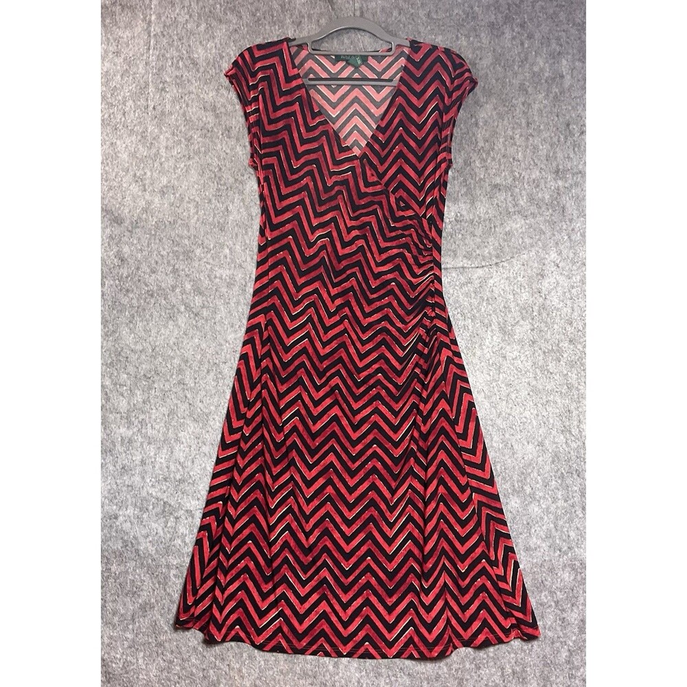 Lauren Ralph Lauren Dress Women PM Red Chevron Stretch Petite Medium Packable